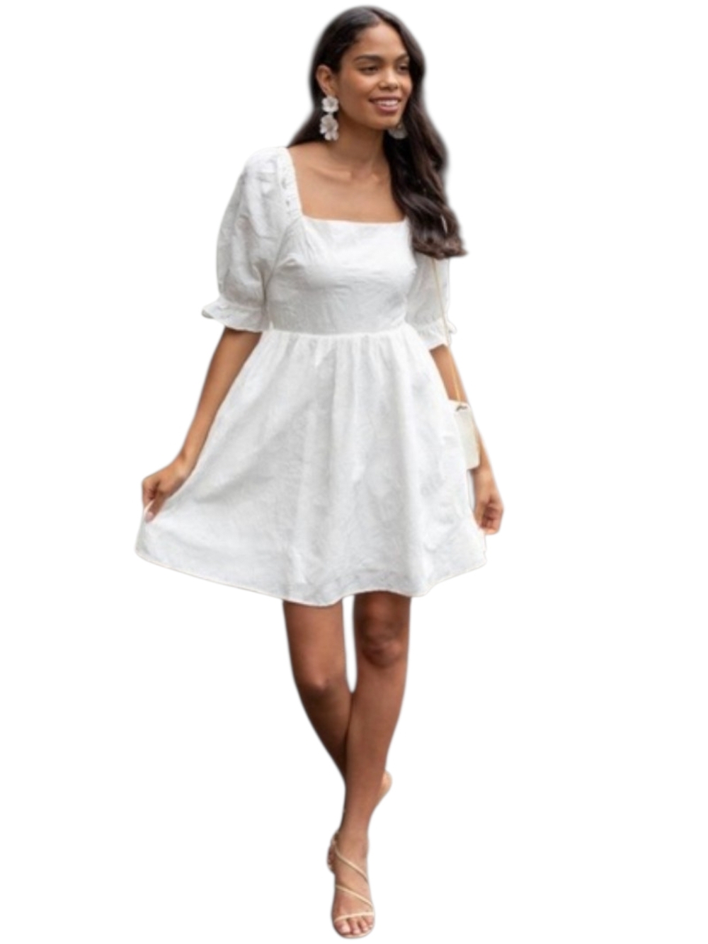 FRNCH Paris Sora White Floral Embroidered Puff Sleeve Open Back Mini Dress M